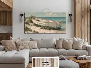 Rowboat On Coastal Shore Distressed Wood Wall Art