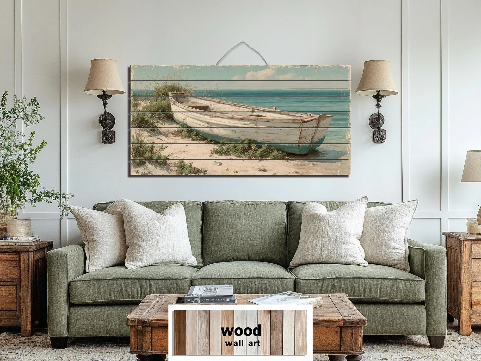 Rowboat On Coastal Shore Distressed Wood Wall Art