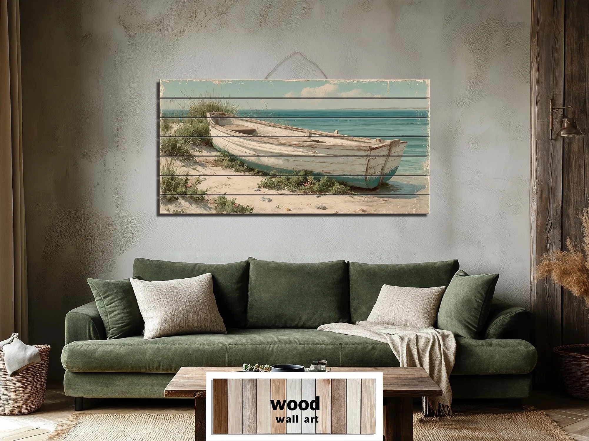 Rowboat On Coastal Shore Distressed Wood Wall Art