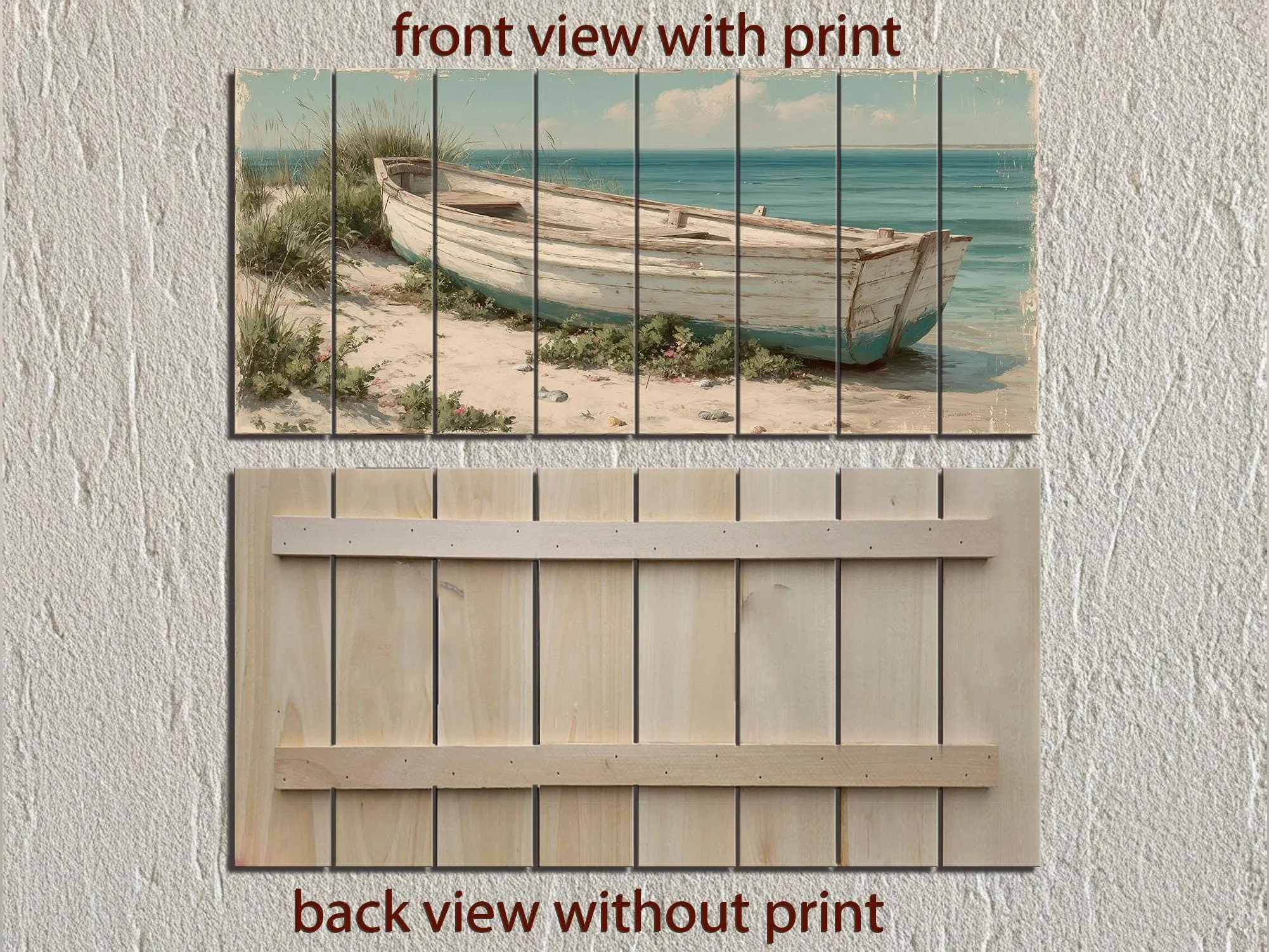 Rowboat On Coastal Shore Distressed Wood Wall Art