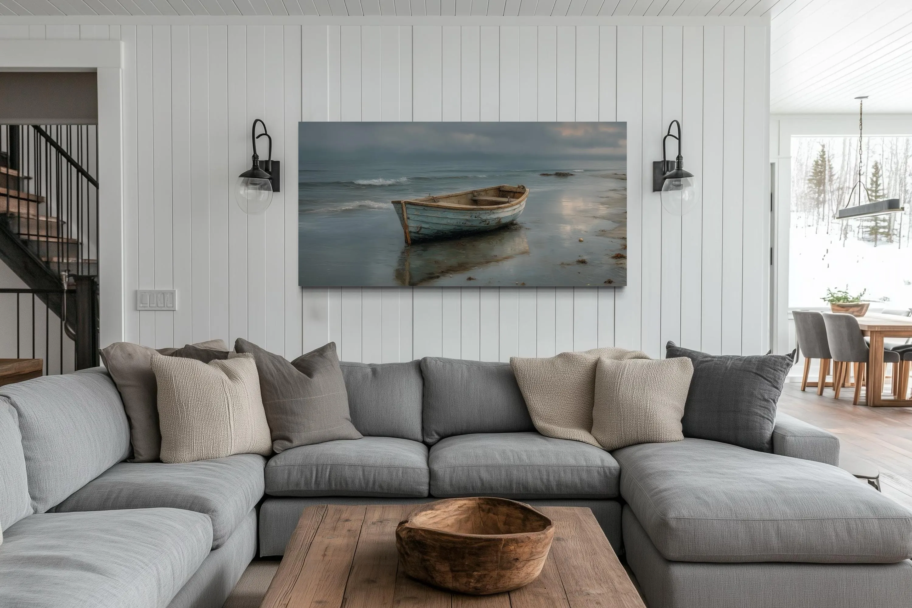 Rustic Rowboat On Beach Coastal Framed Canvas Wall Art