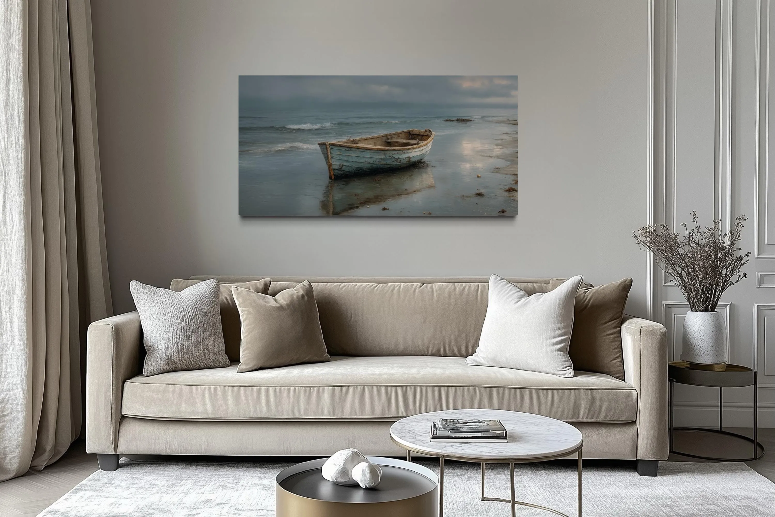 Rustic Rowboat On Beach Coastal Framed Canvas Wall Art
