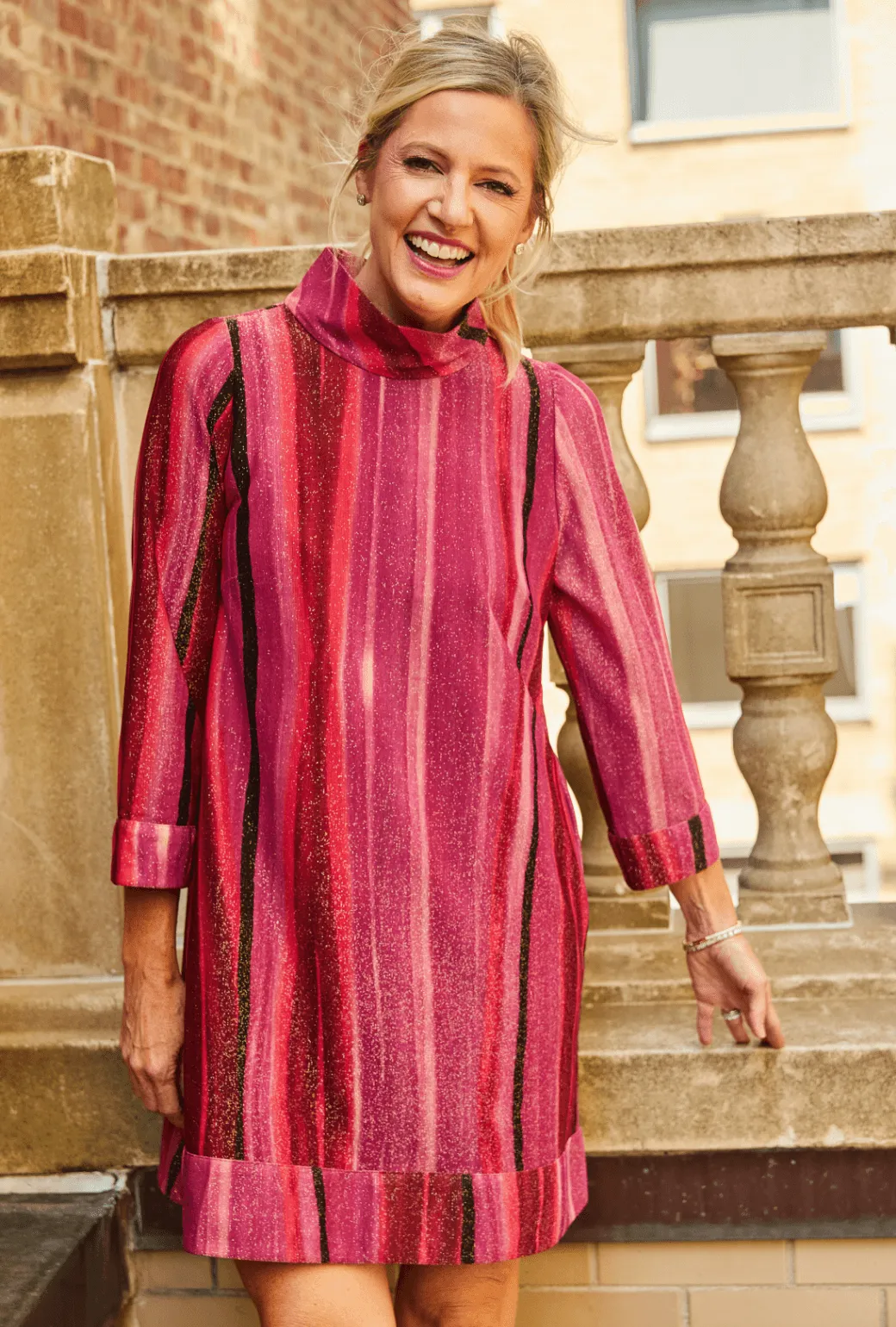 SAMPLE - Long Sleeve Mod Dress- Fuchsia Lurex