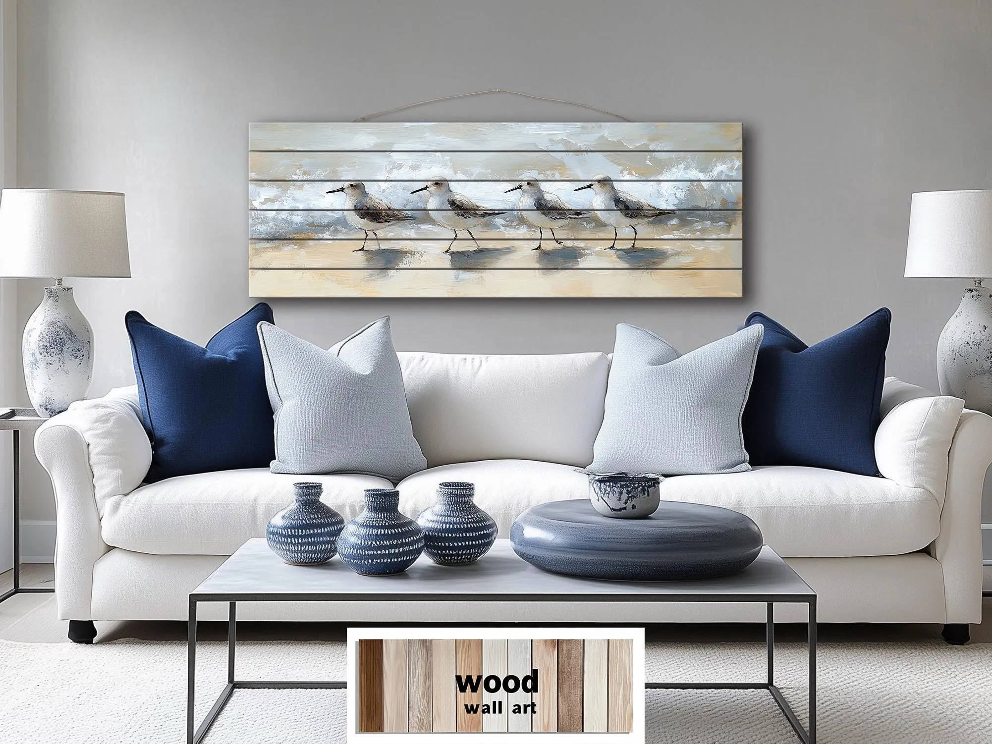 Sandpipers Walking On Beach Real Long Horizontal Coastal Wood Wall Art