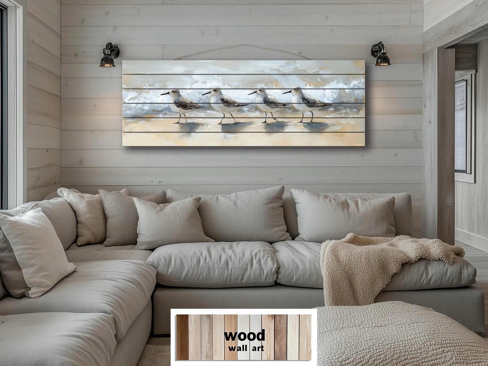 Sandpipers Walking On Beach Real Long Horizontal Coastal Wood Wall Art