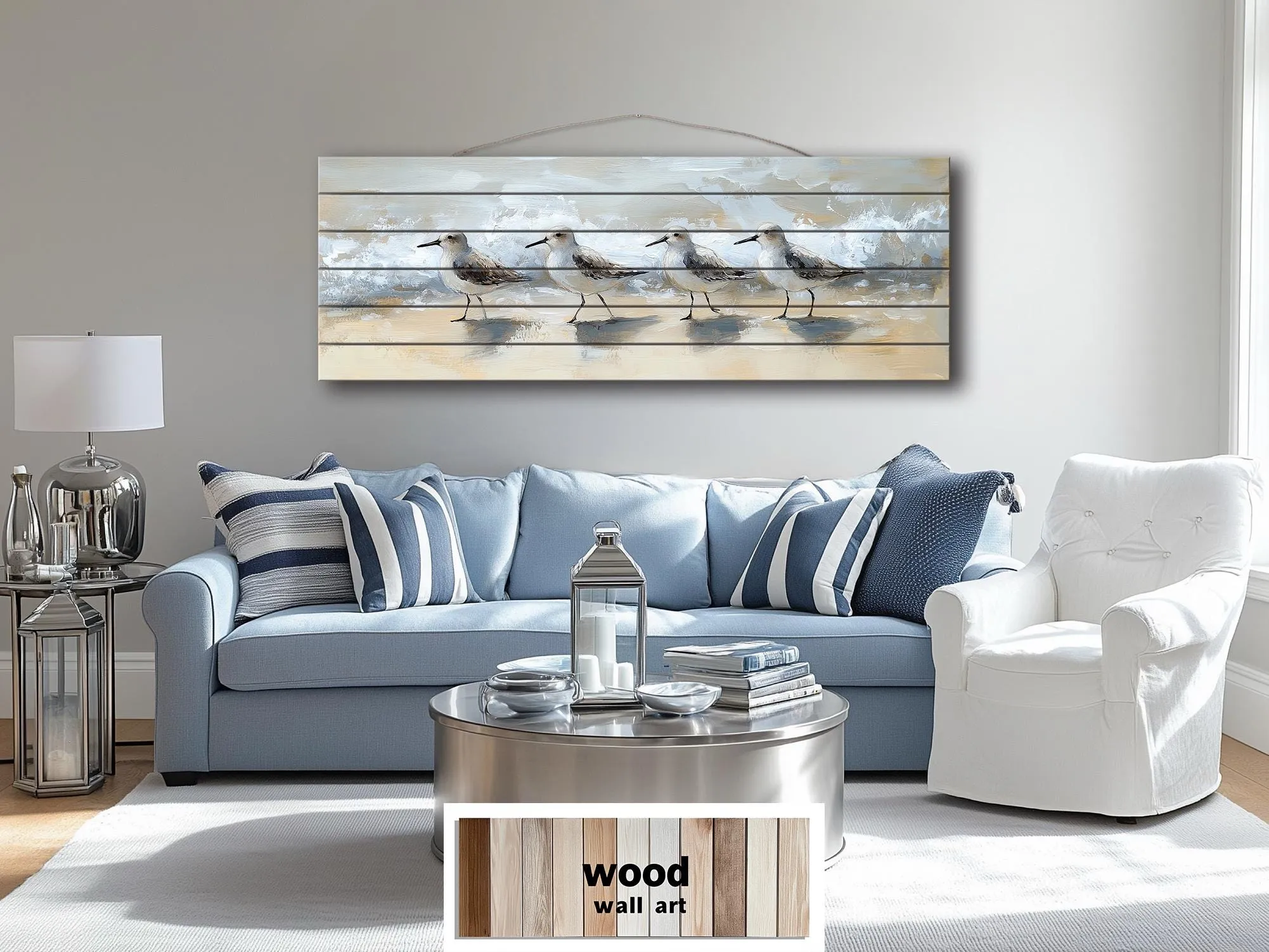 Sandpipers Walking On Beach Real Long Horizontal Coastal Wood Wall Art