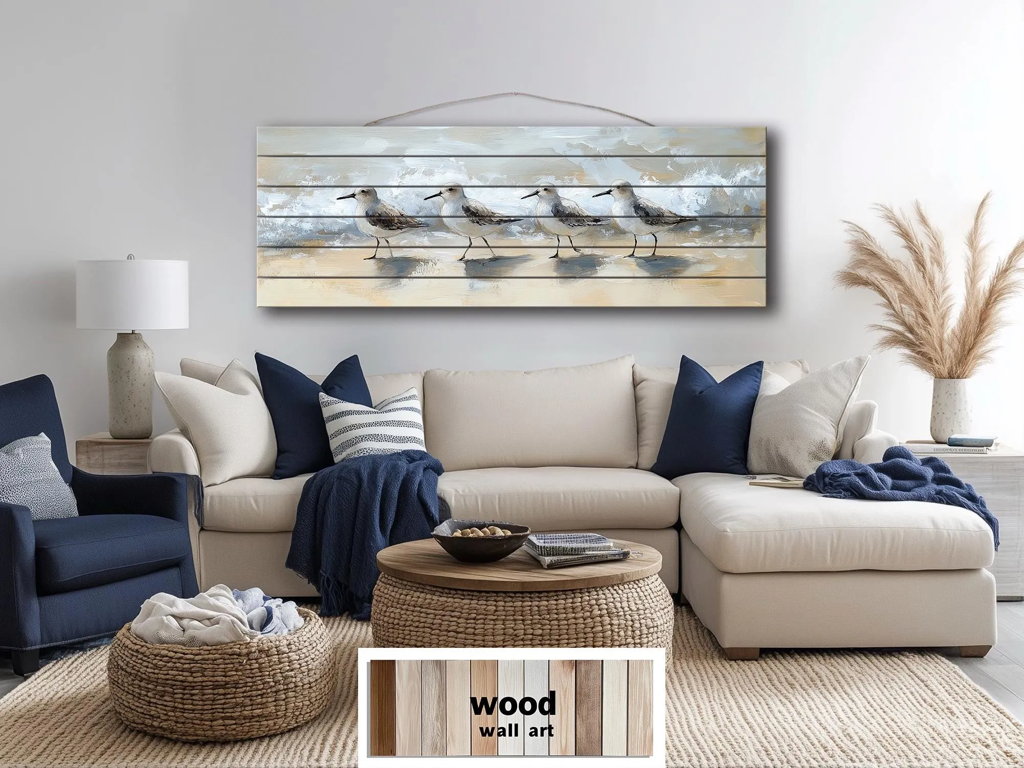 Sandpipers Walking On Beach Real Long Horizontal Coastal Wood Wall Art