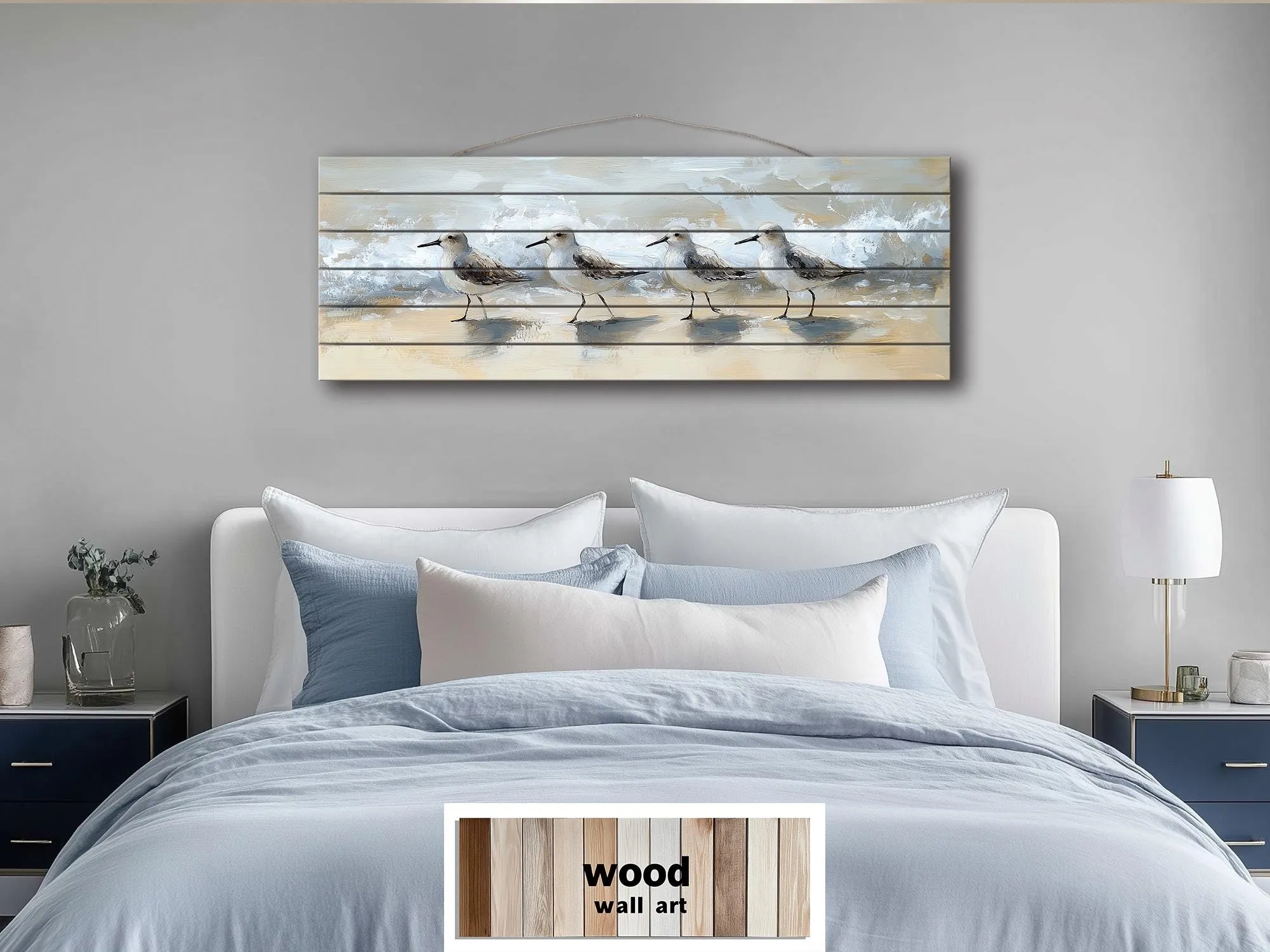 Sandpipers Walking On Beach Real Long Horizontal Coastal Wood Wall Art