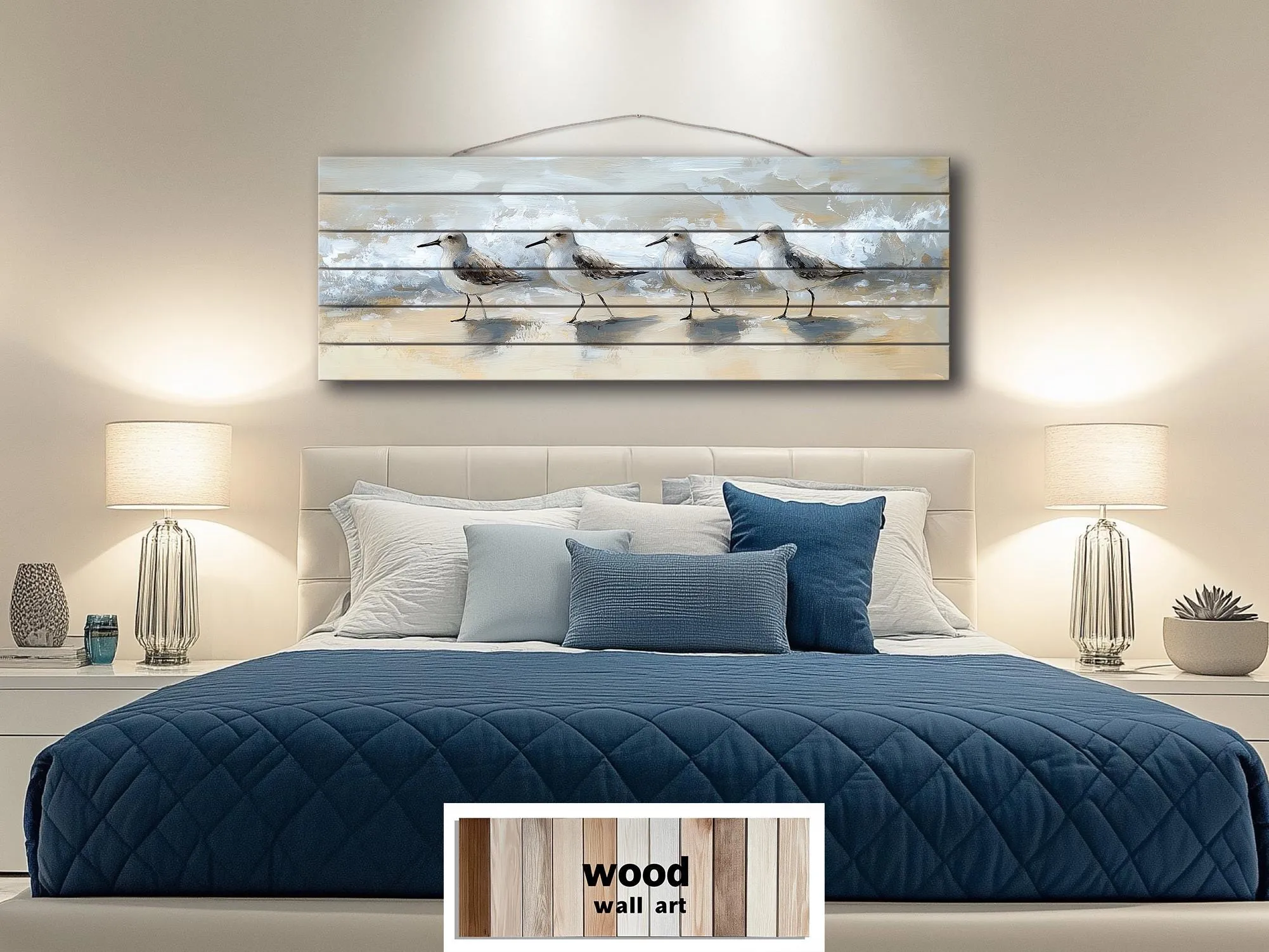 Sandpipers Walking On Beach Real Long Horizontal Coastal Wood Wall Art