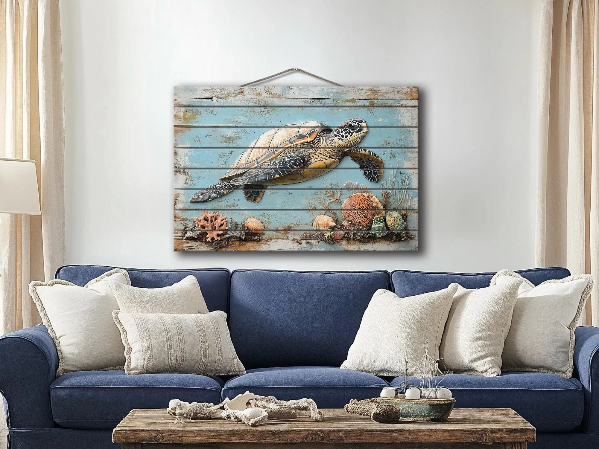 Sea Turtle Coastal Wall Art On Real Wood for Beach House Decor