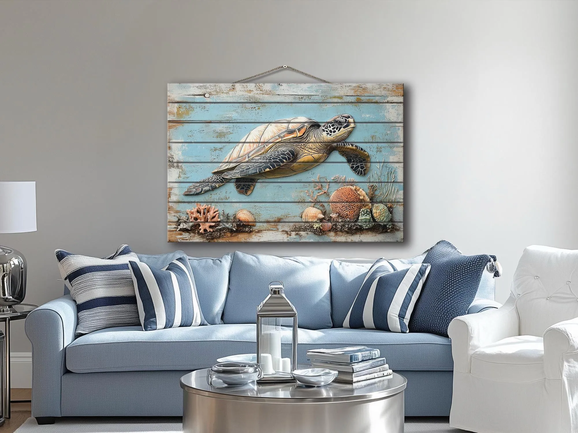 Sea Turtle Coastal Wall Art On Real Wood for Beach House Decor