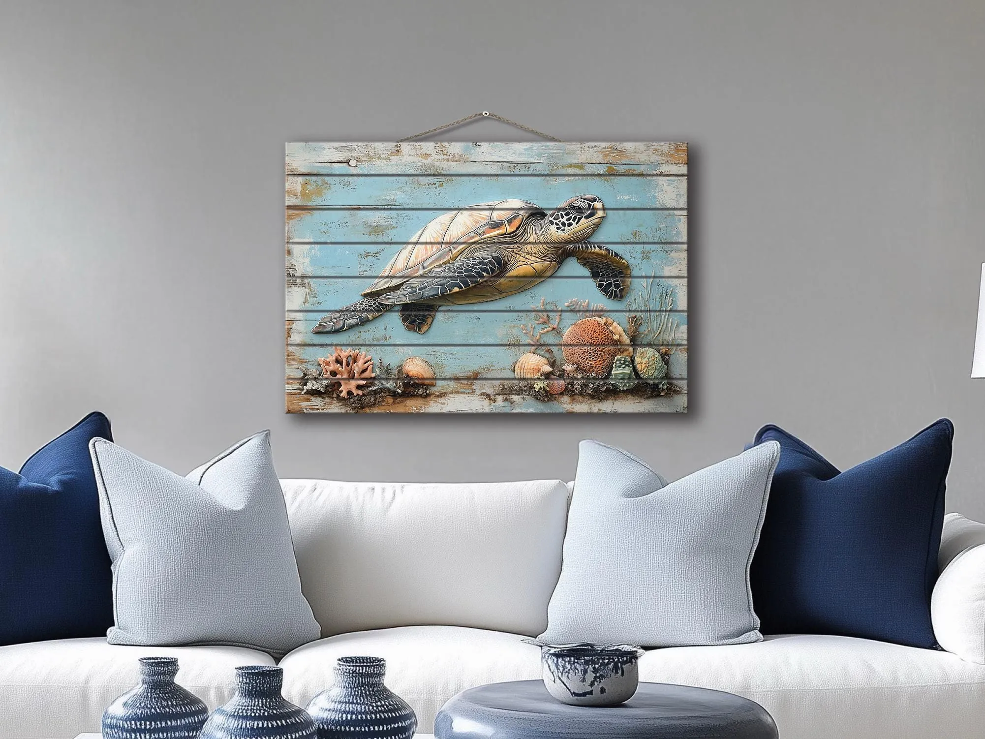 Sea Turtle Coastal Wall Art On Real Wood for Beach House Decor