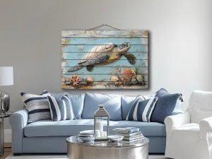 Sea Turtle Coastal Wall Art On Real Wood for Beach House Decor