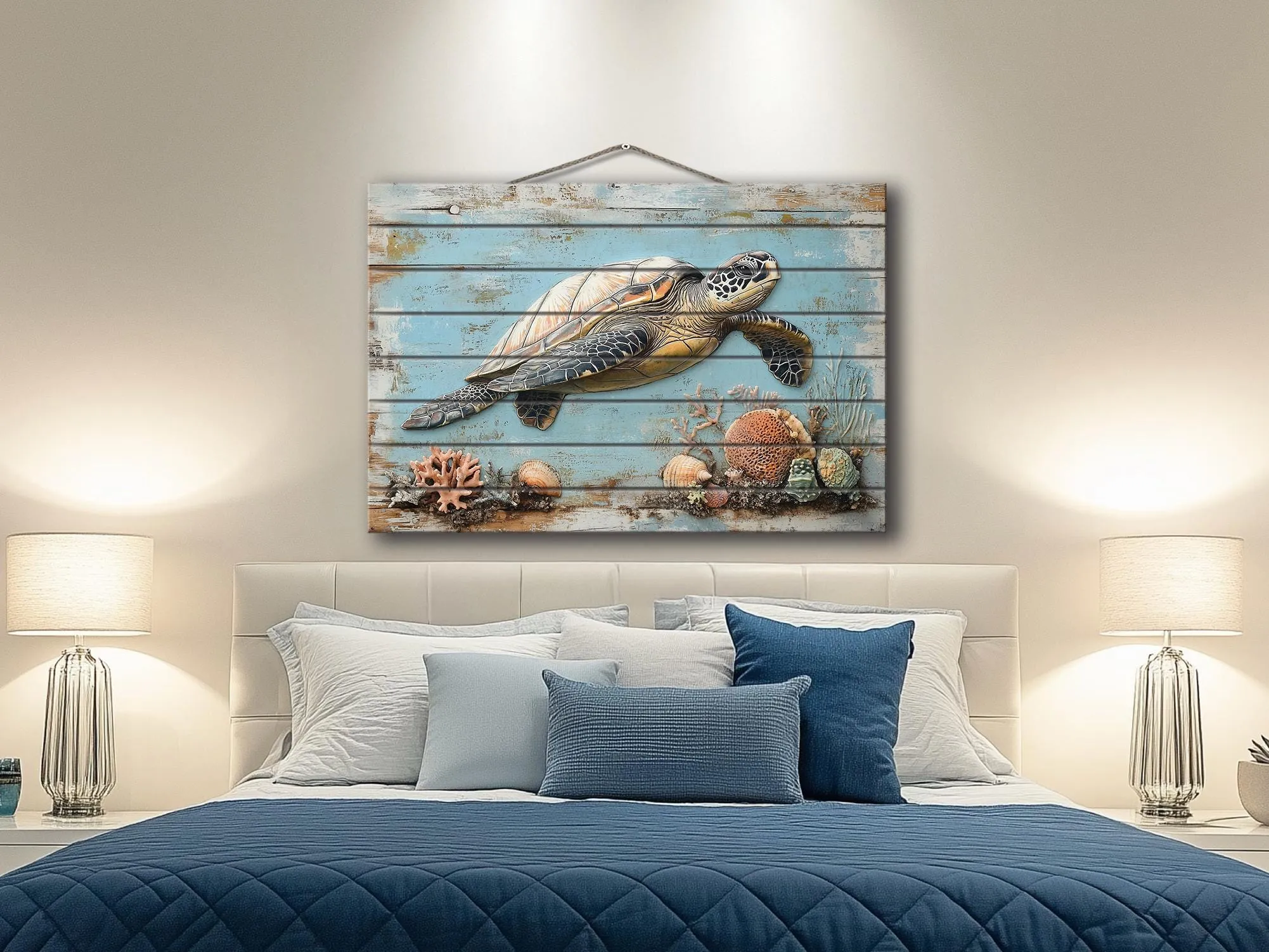 Sea Turtle Coastal Wall Art On Real Wood for Beach House Decor