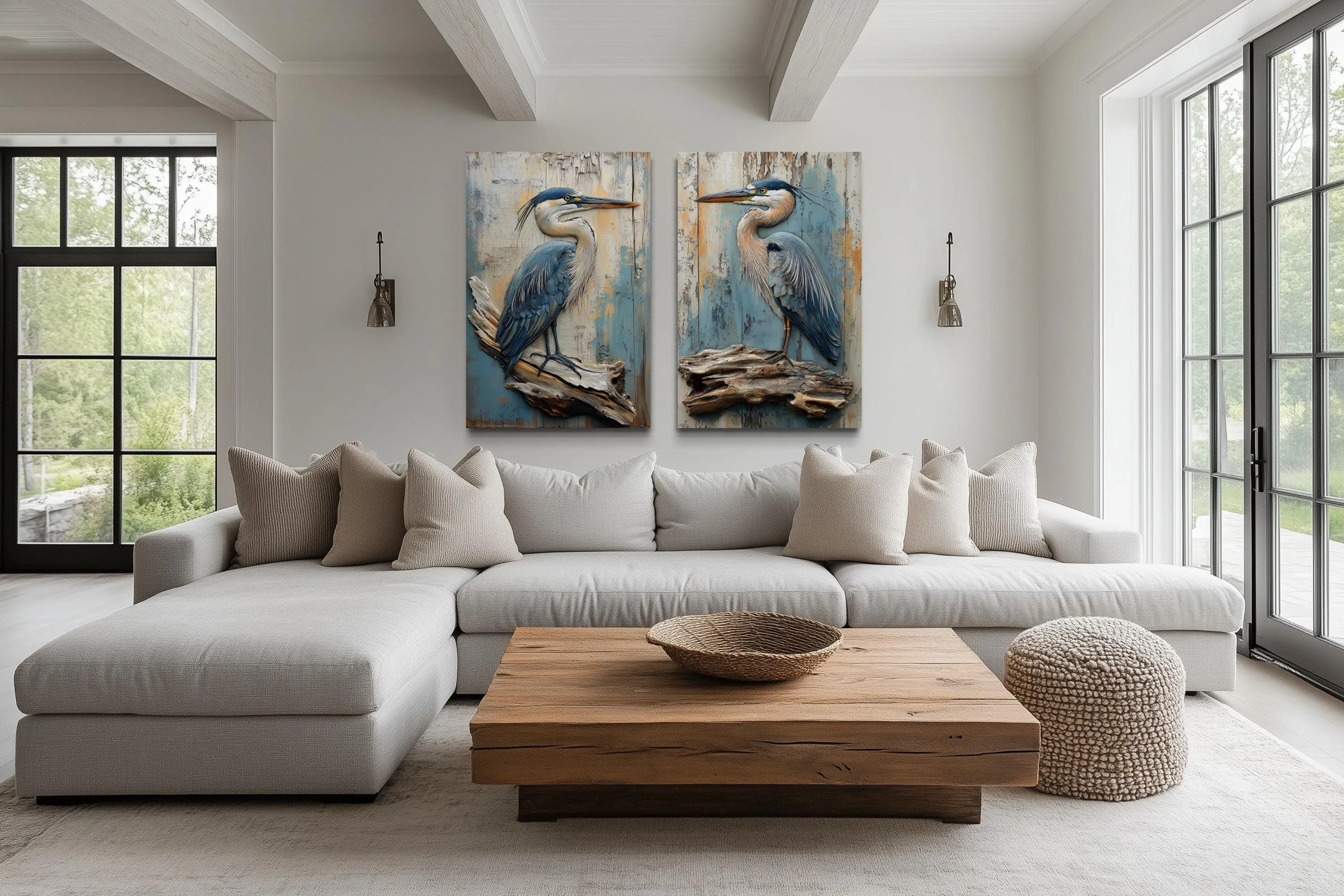 Set of 2 Rustic Blue Herons Canvas Wall Art