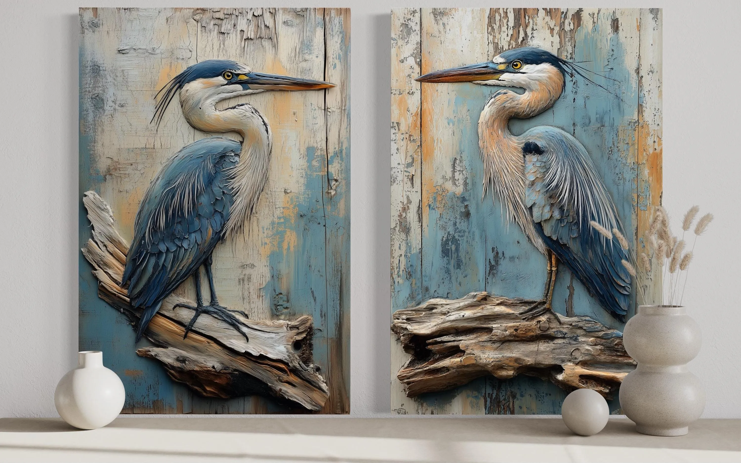 Set of 2 Rustic Blue Herons Canvas Wall Art