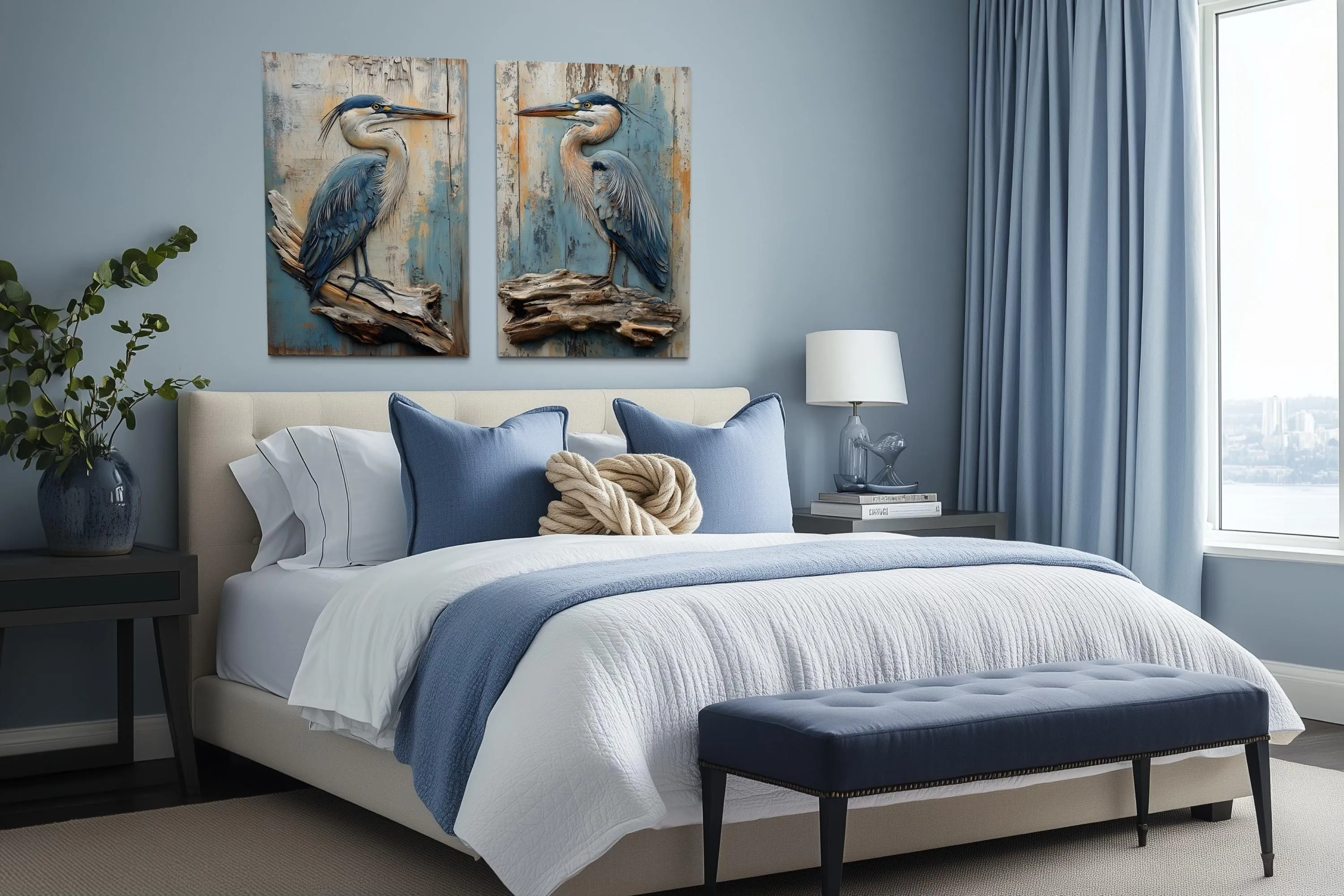 Set of 2 Rustic Blue Herons Canvas Wall Art