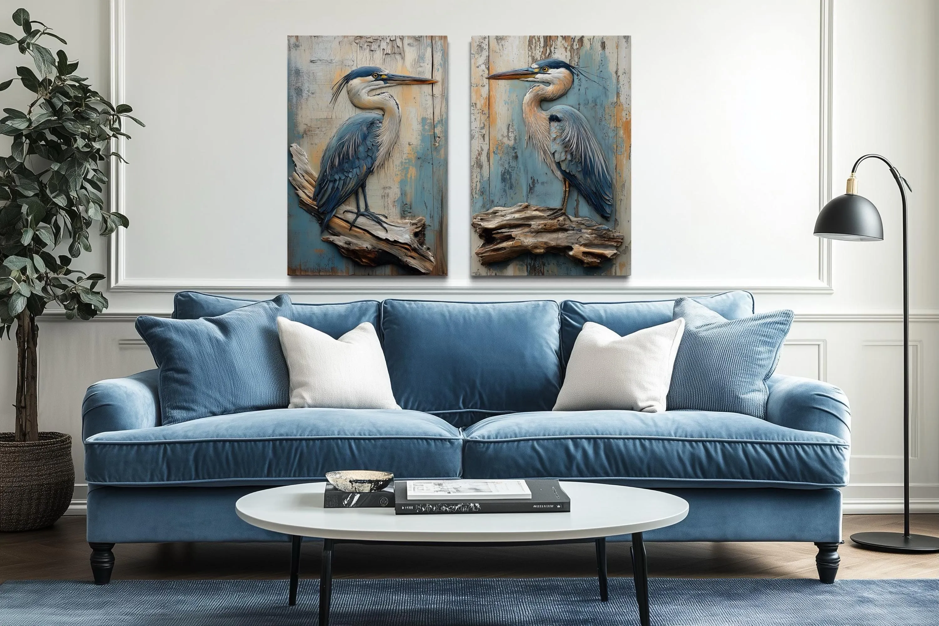 Set of 2 Rustic Blue Herons Canvas Wall Art