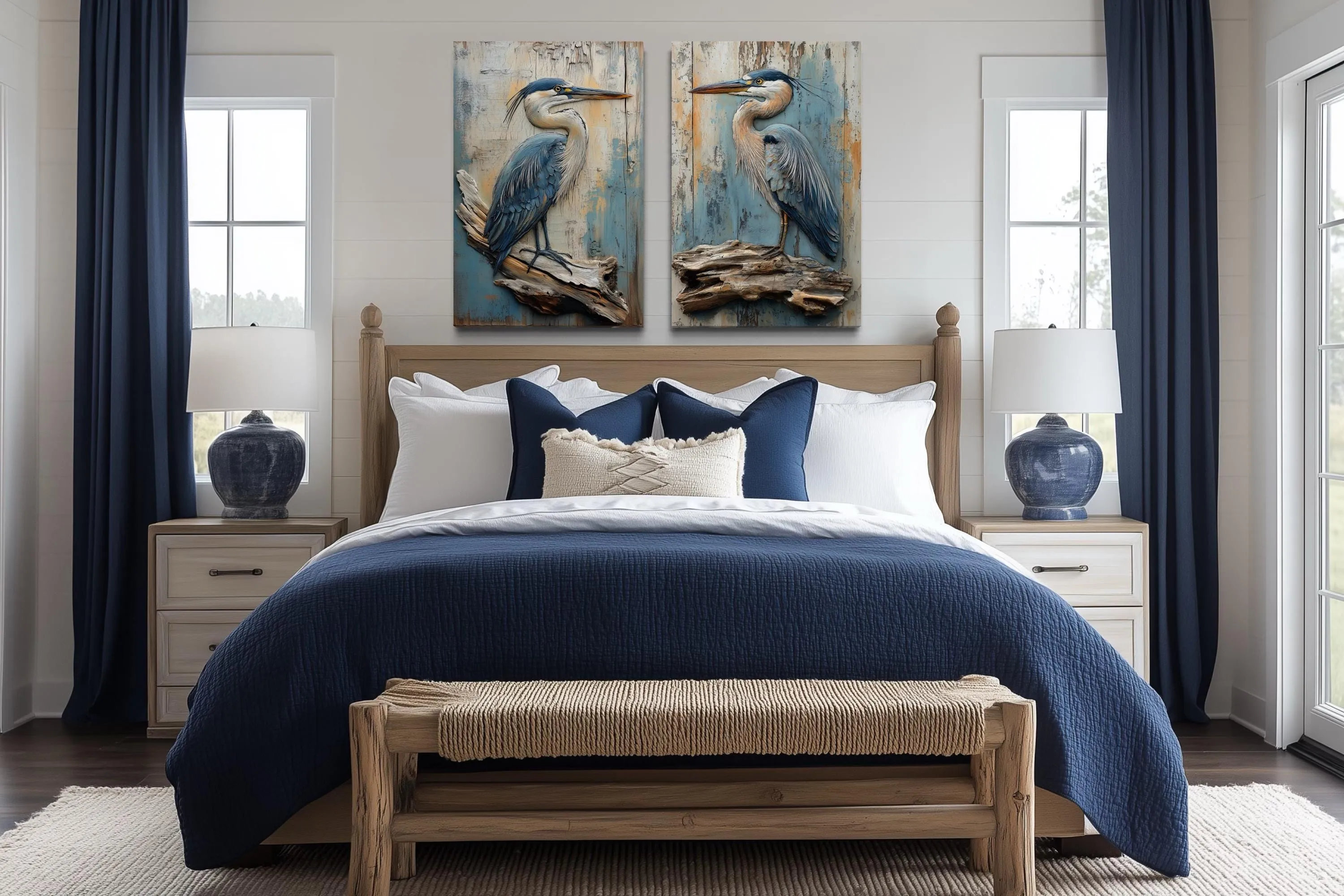 Set of 2 Rustic Blue Herons Canvas Wall Art