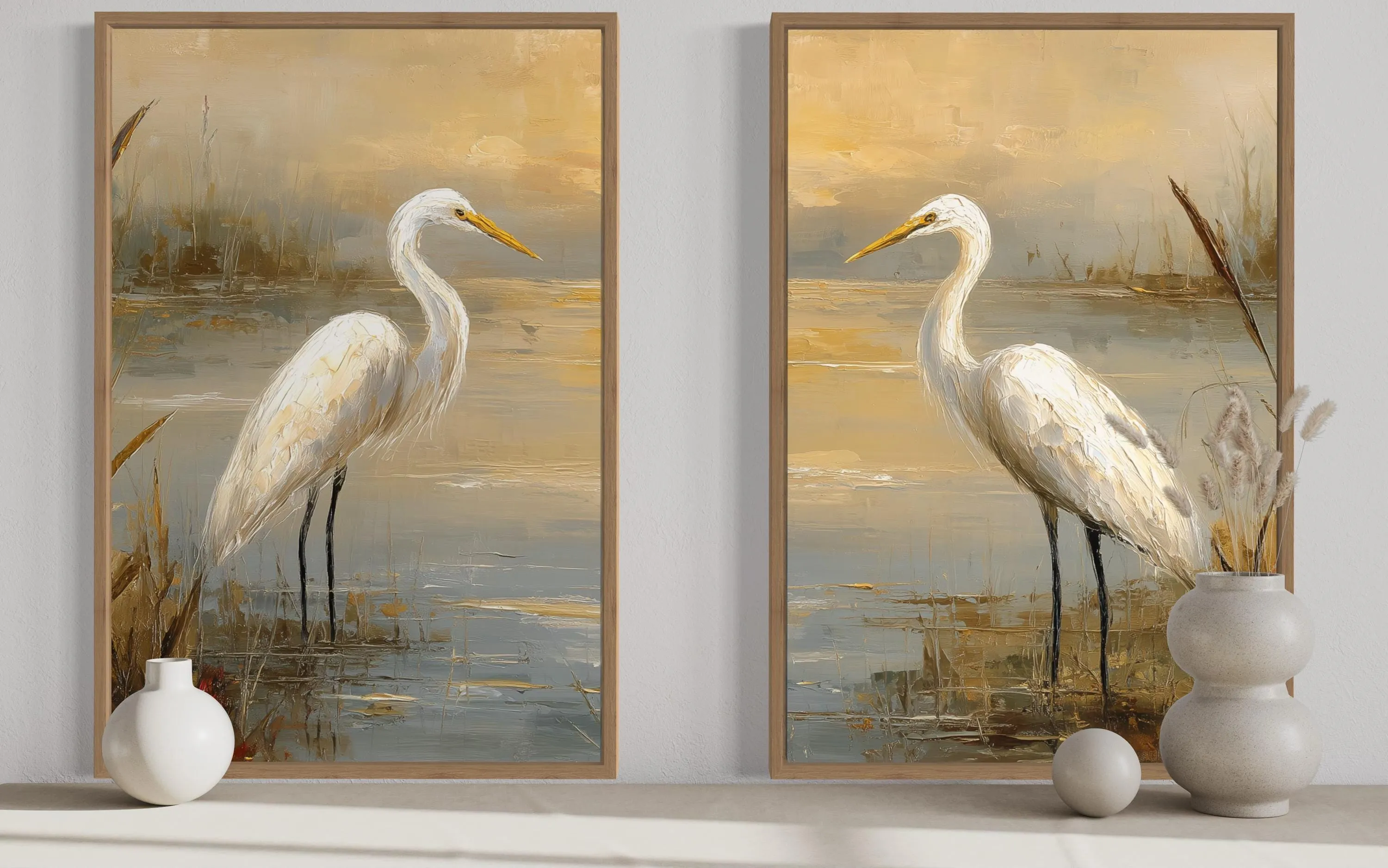 Set of 3 Egrets In The March Framed Canvas Wall Art