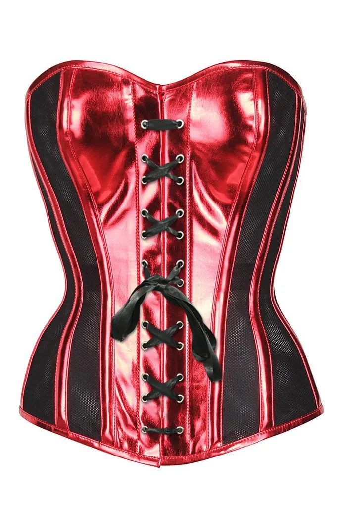 Shams Red PVC & Black Mesh Panelled Overbust Corset