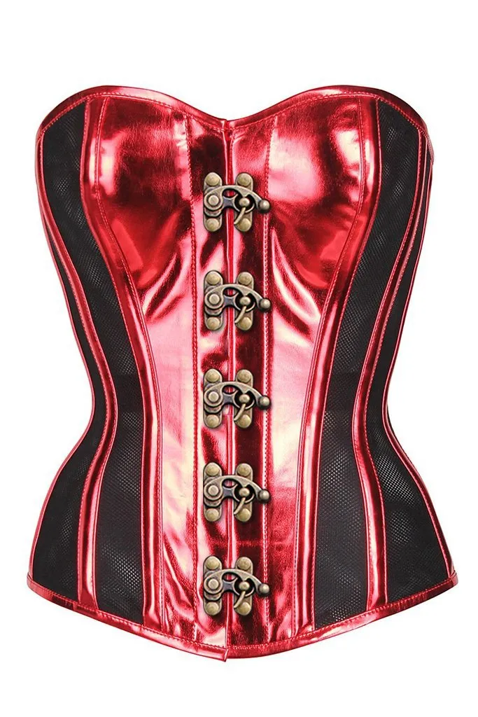 Shams Red PVC & Black Mesh Panelled Overbust Corset