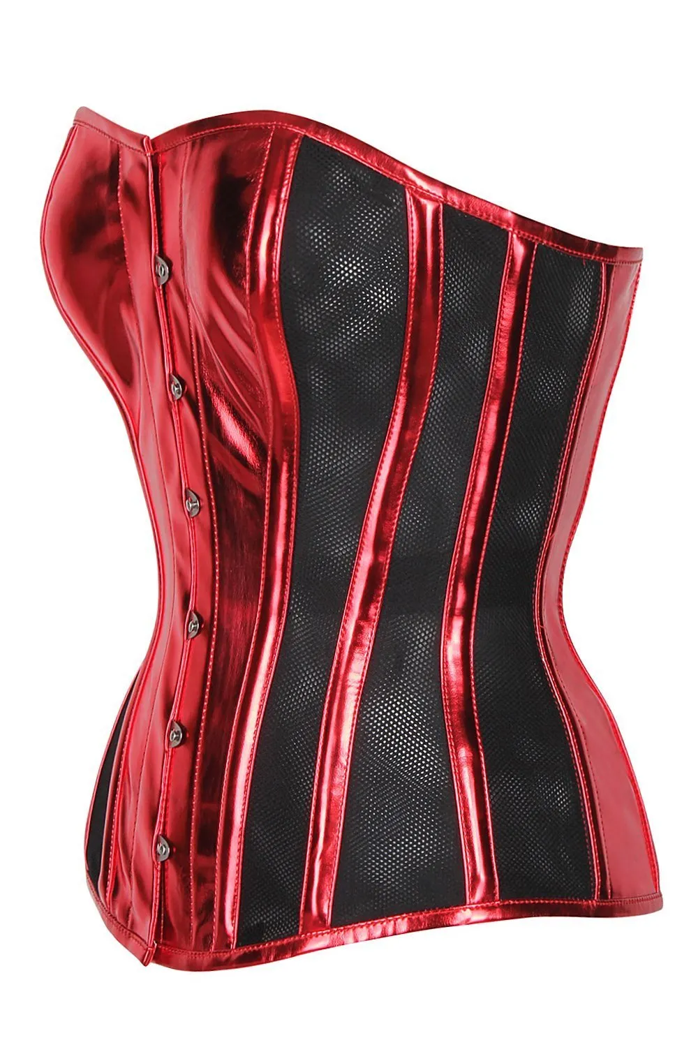 Shams Red PVC & Black Mesh Panelled Overbust Corset