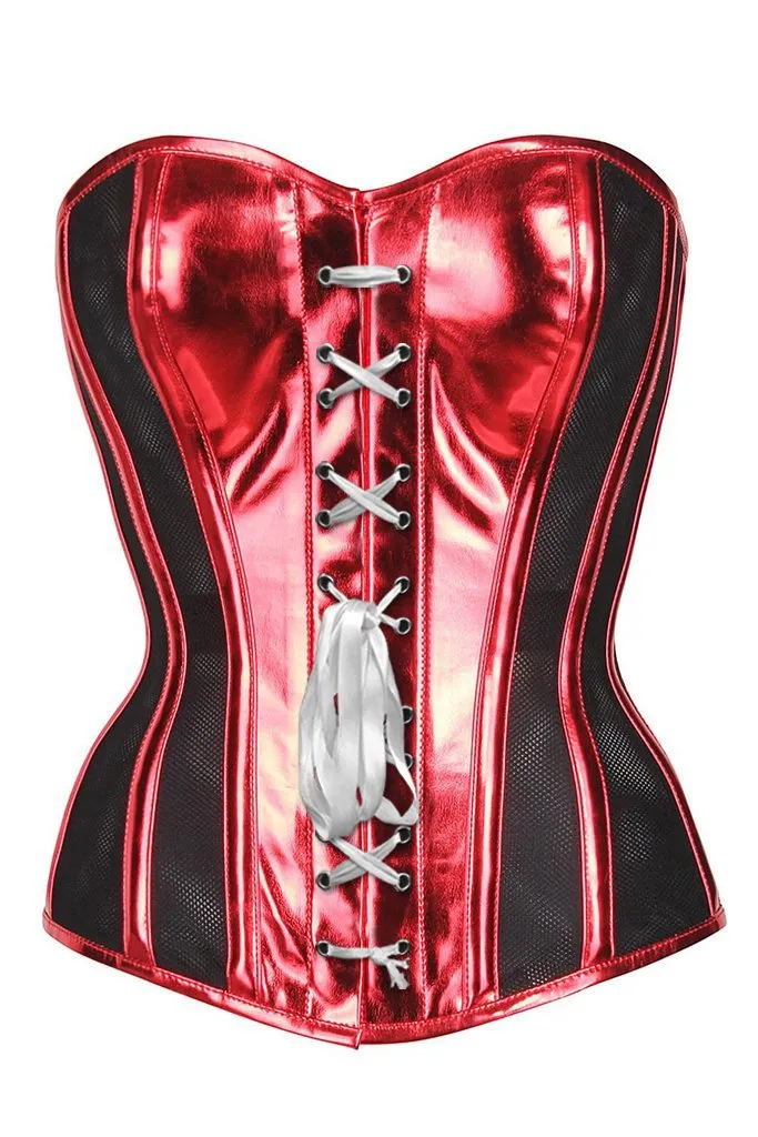 Shams Red PVC & Black Mesh Panelled Overbust Corset