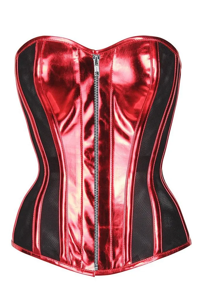 Shams Red PVC & Black Mesh Panelled Overbust Corset