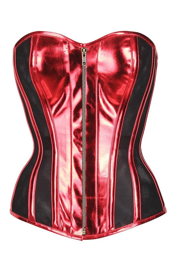 Shams Red PVC & Black Mesh Panelled Overbust Corset