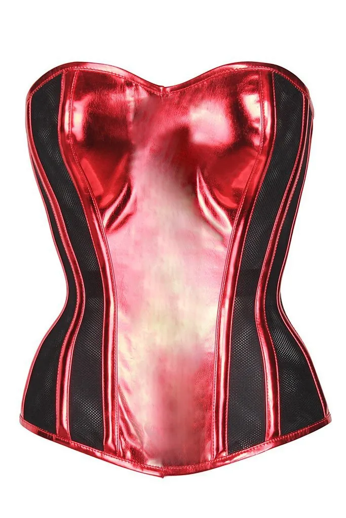 Shams Red PVC & Black Mesh Panelled Overbust Corset