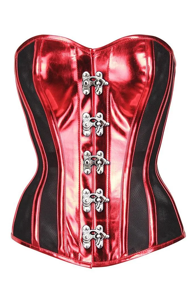 Shams Red PVC & Black Mesh Panelled Overbust Corset