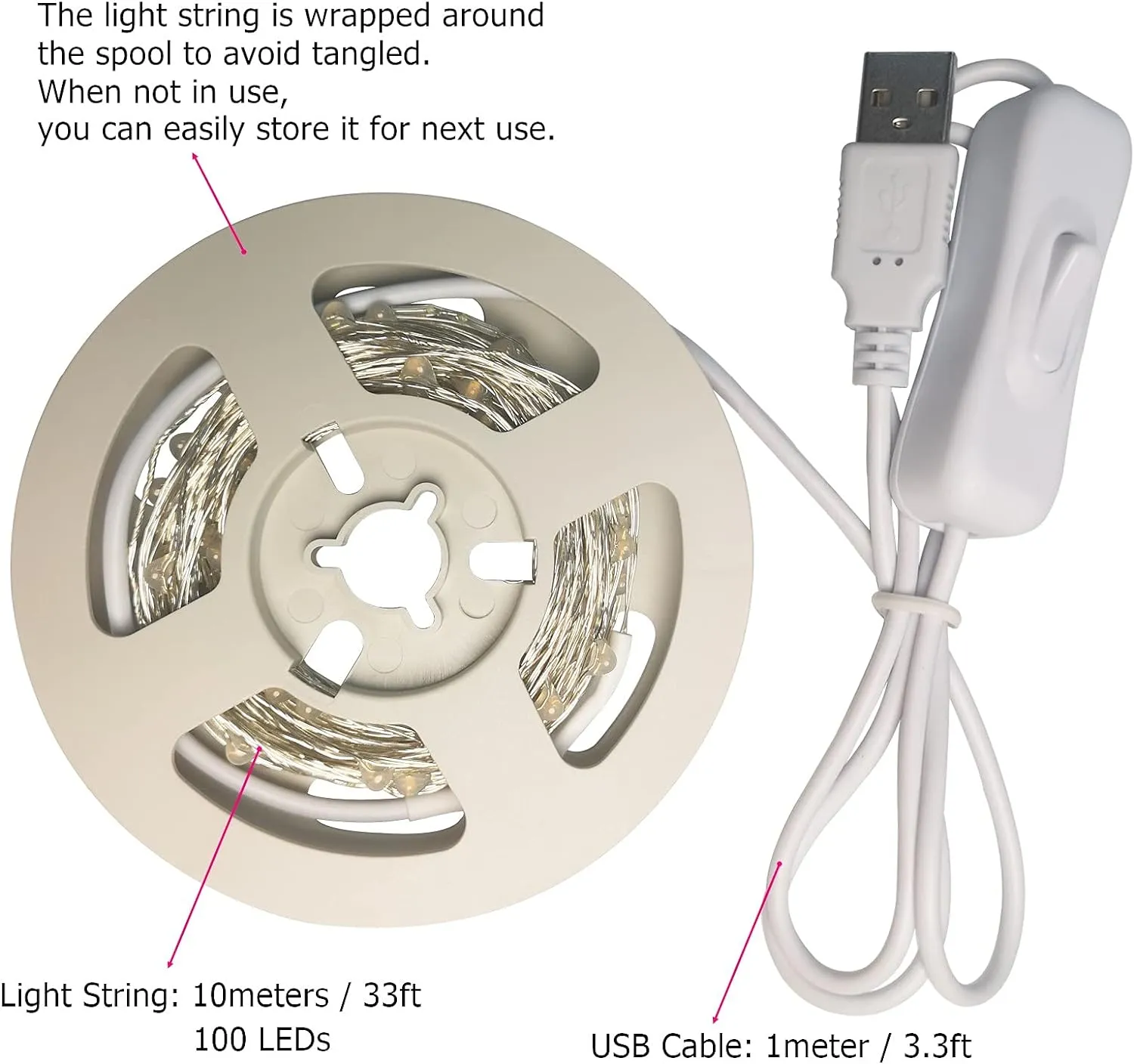 Silver Wire 33 Foot 100 LED USB Fairy String Lights with On/Off Switch