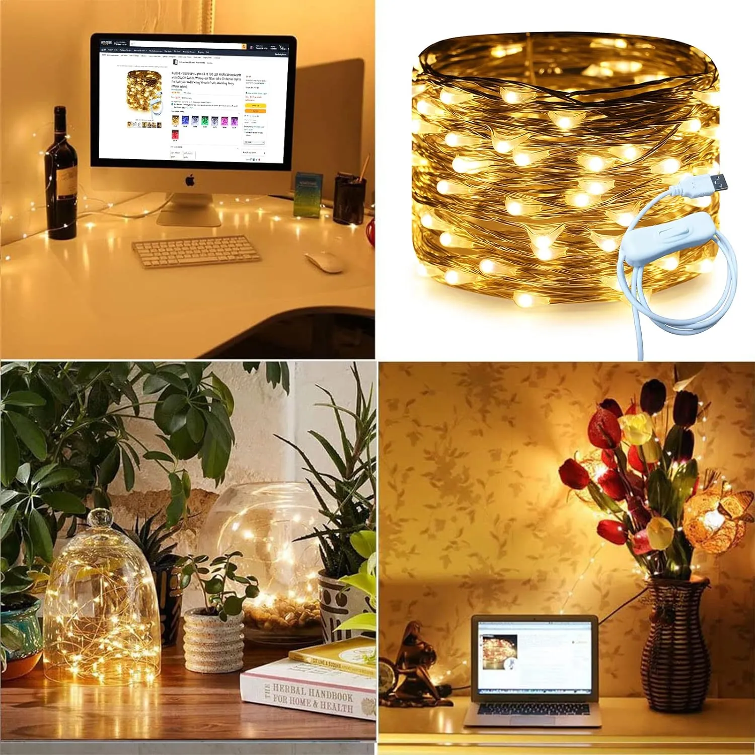 Silver Wire 33 Foot 100 LED USB Fairy String Lights with On/Off Switch