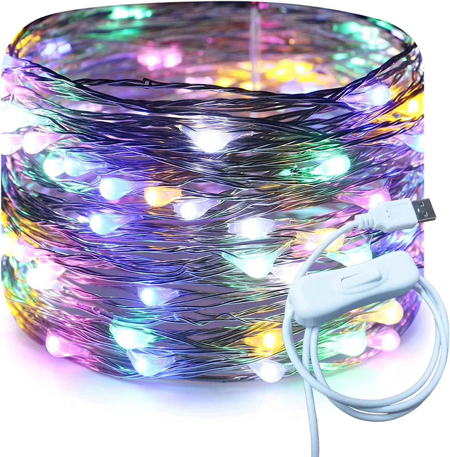 Silver Wire 33 Foot 100 LED USB Fairy String Lights with On/Off Switch