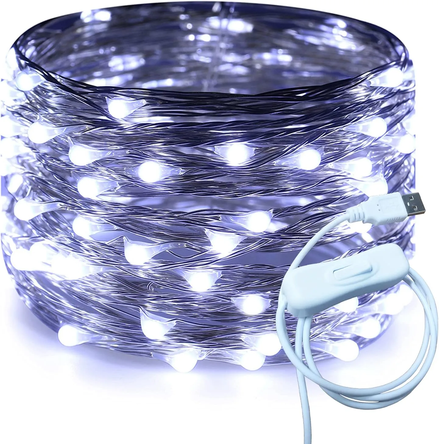 Silver Wire 33 Foot 100 LED USB Fairy String Lights with On/Off Switch