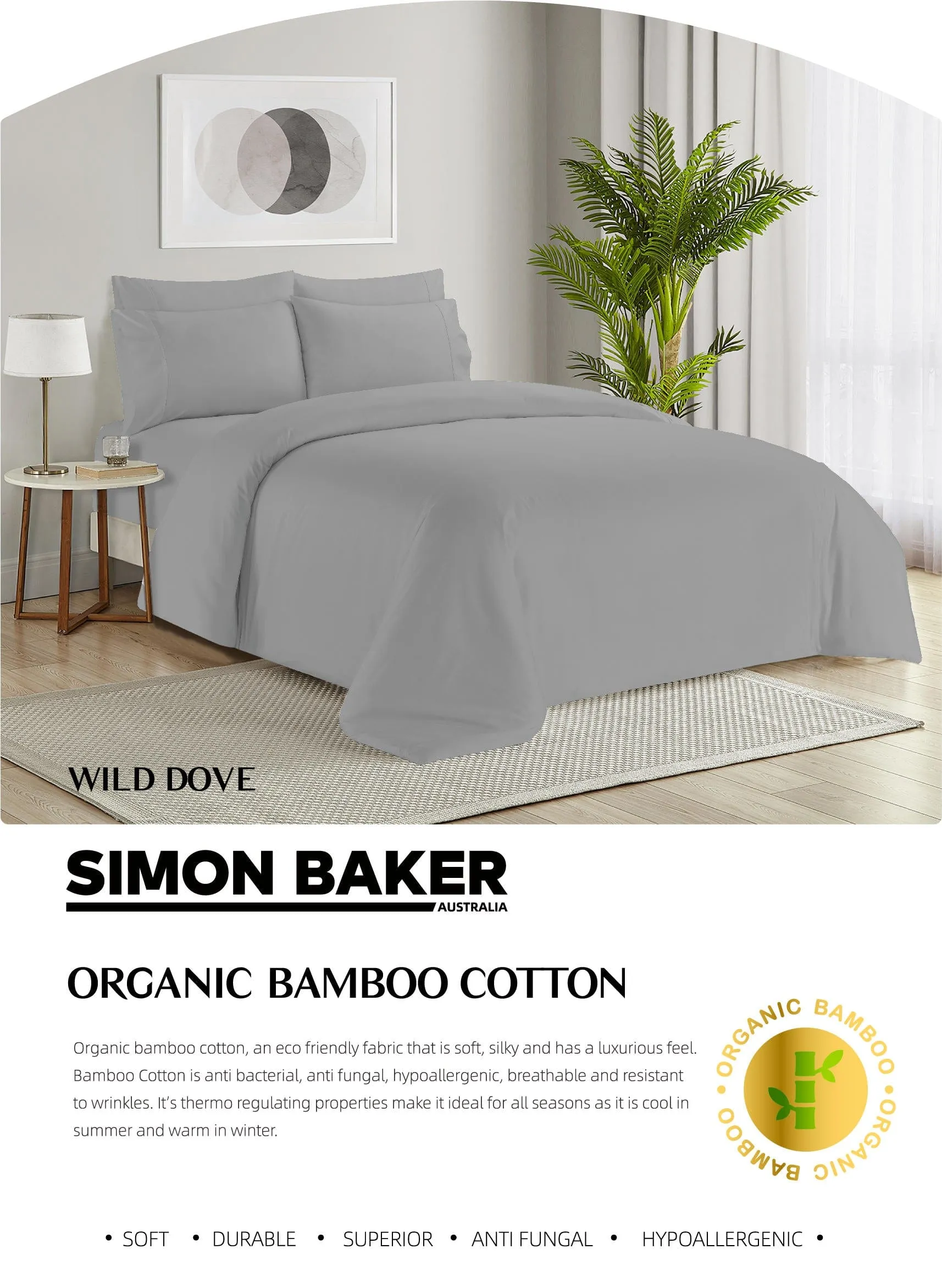 Simon Baker Organic Bamboo Cotton Wild Dove Duvet Cover Set