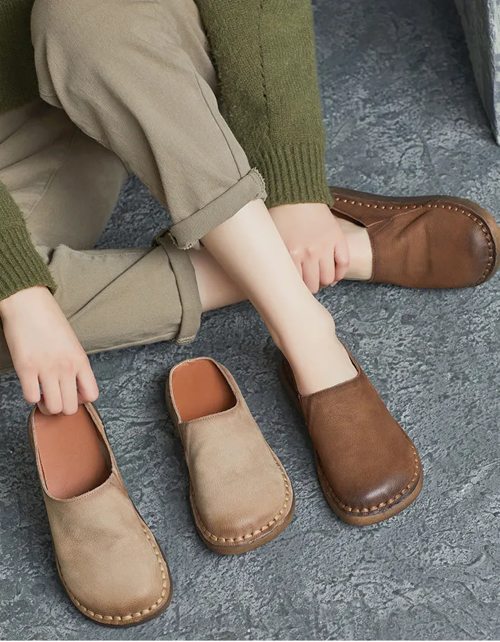 Spring Round Toe Handmade Soft Leather Slippers Mules