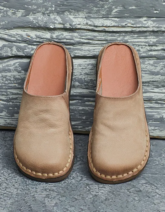 Spring Round Toe Handmade Soft Leather Slippers Mules