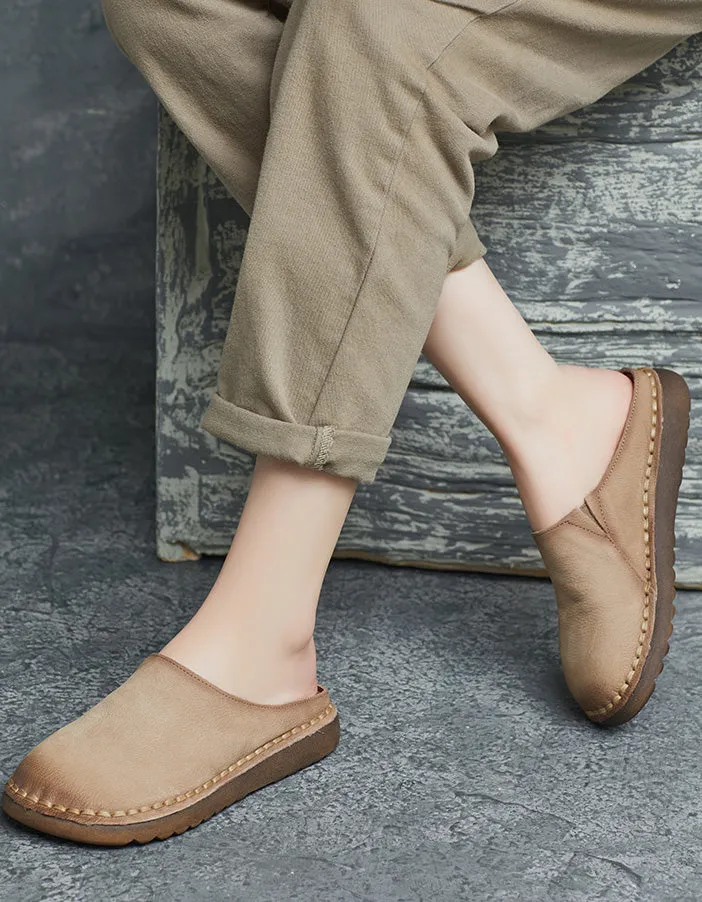Spring Round Toe Handmade Soft Leather Slippers Mules