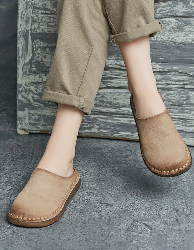 Spring Round Toe Handmade Soft Leather Slippers Mules