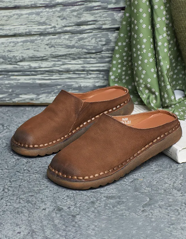 Spring Round Toe Handmade Soft Leather Slippers Mules