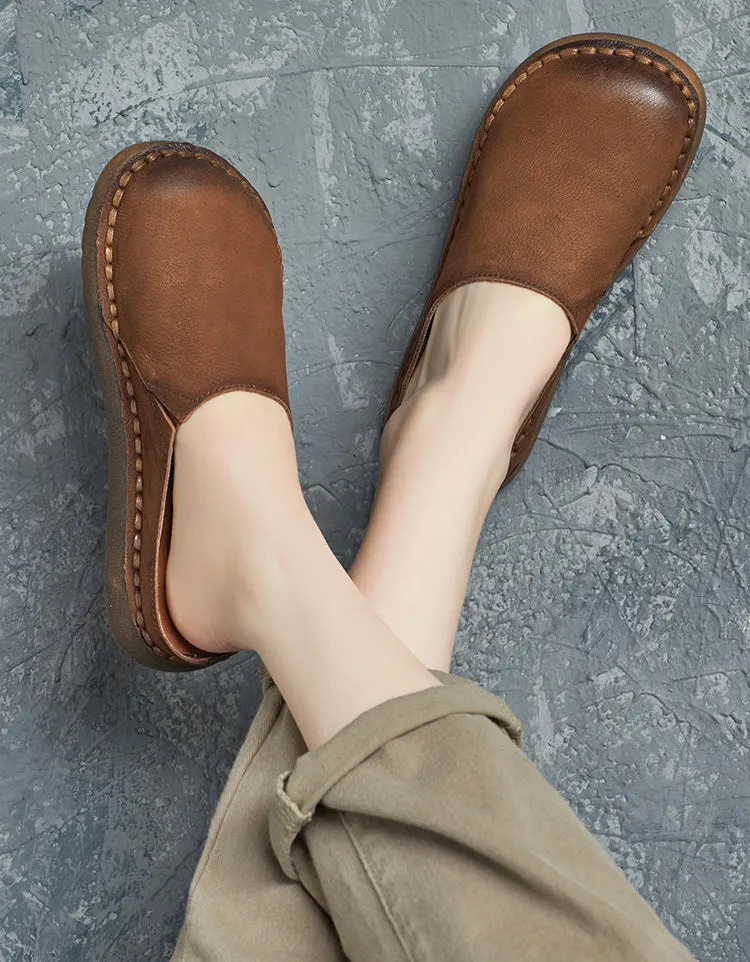 Spring Round Toe Handmade Soft Leather Slippers Mules