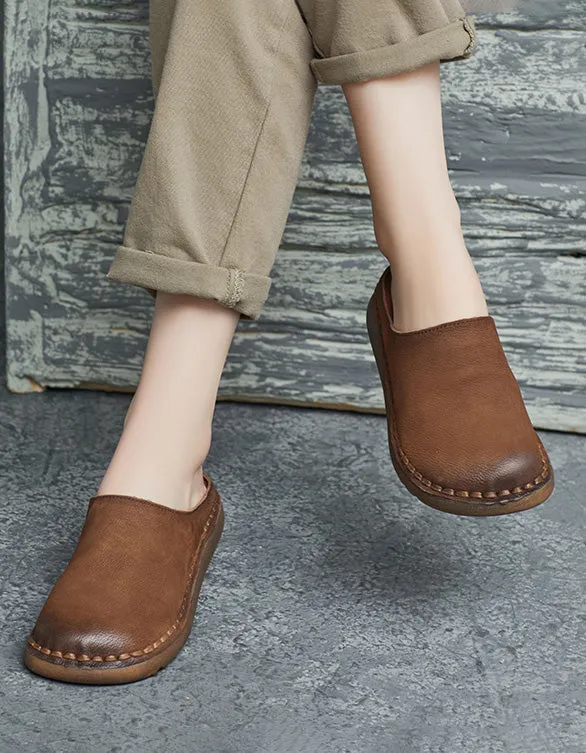 Spring Round Toe Handmade Soft Leather Slippers Mules