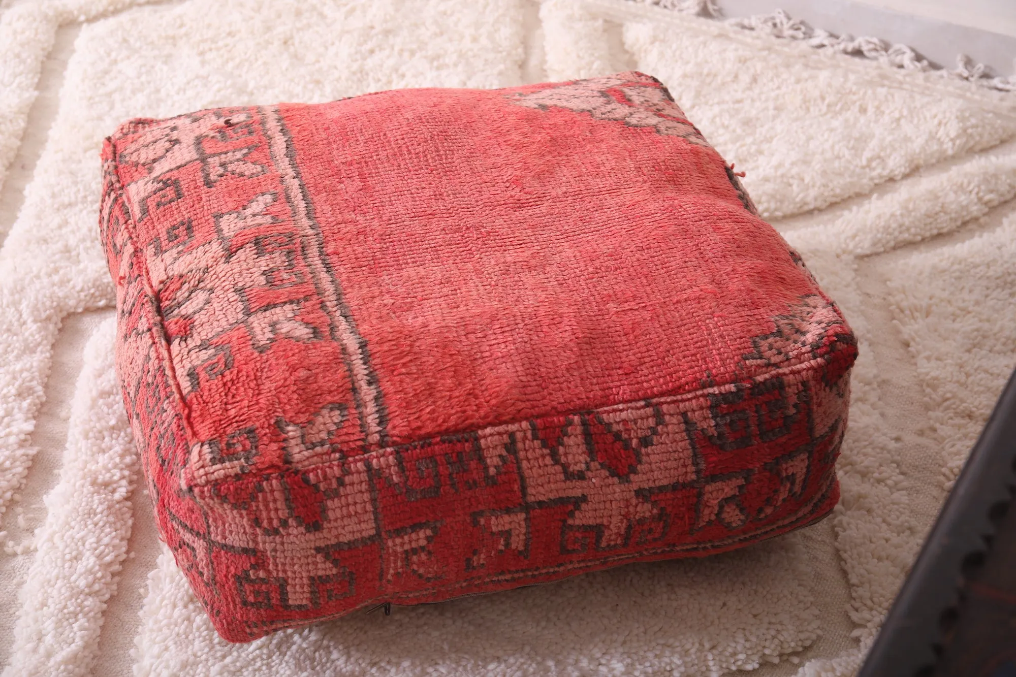 Square Moroccan Pouf handmade old red pouf