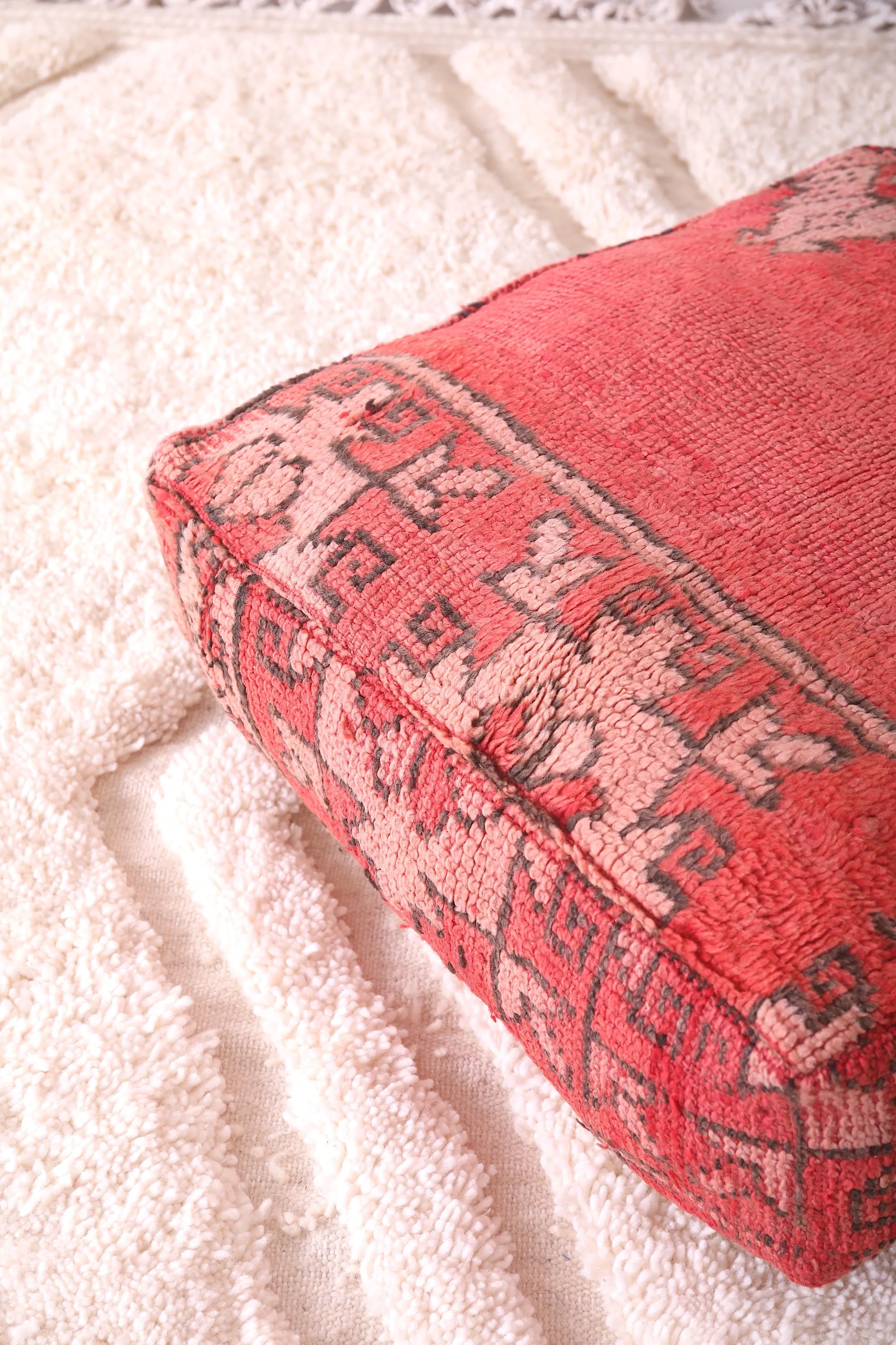 Square Moroccan Pouf handmade old red pouf