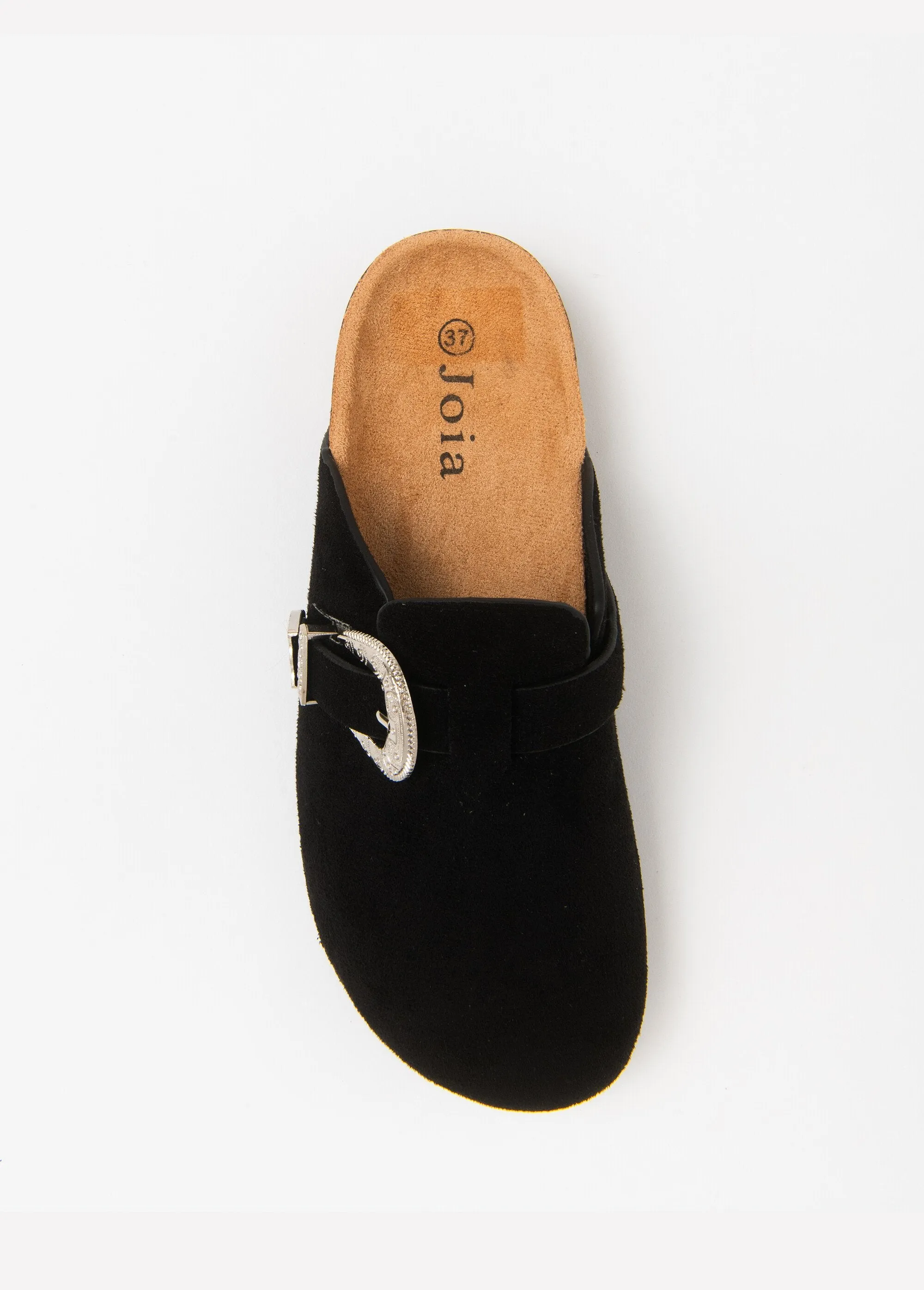 Suedette clog mules with buckle