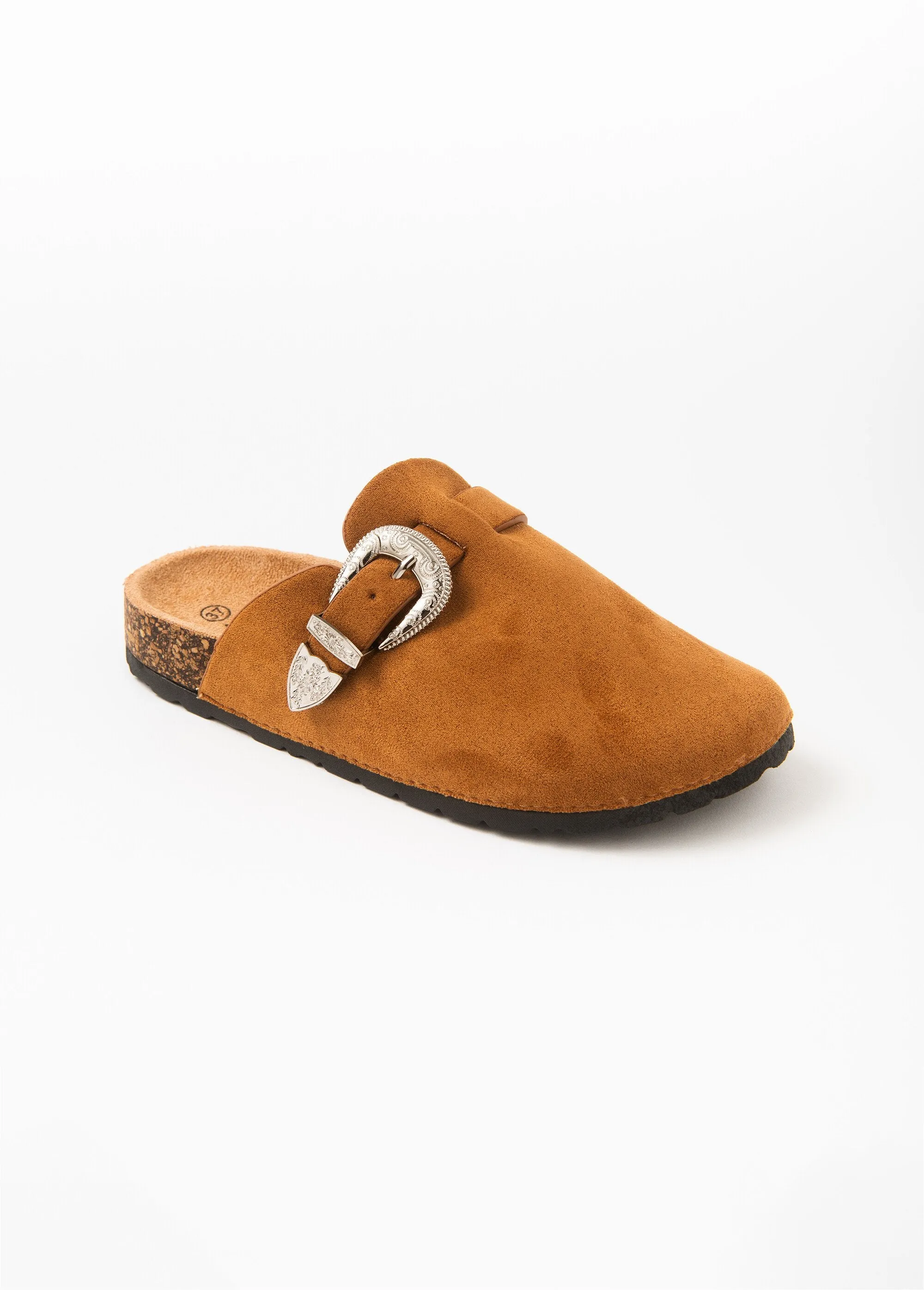 Suedette clog mules with buckle