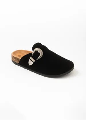 Suedette clog mules with buckle