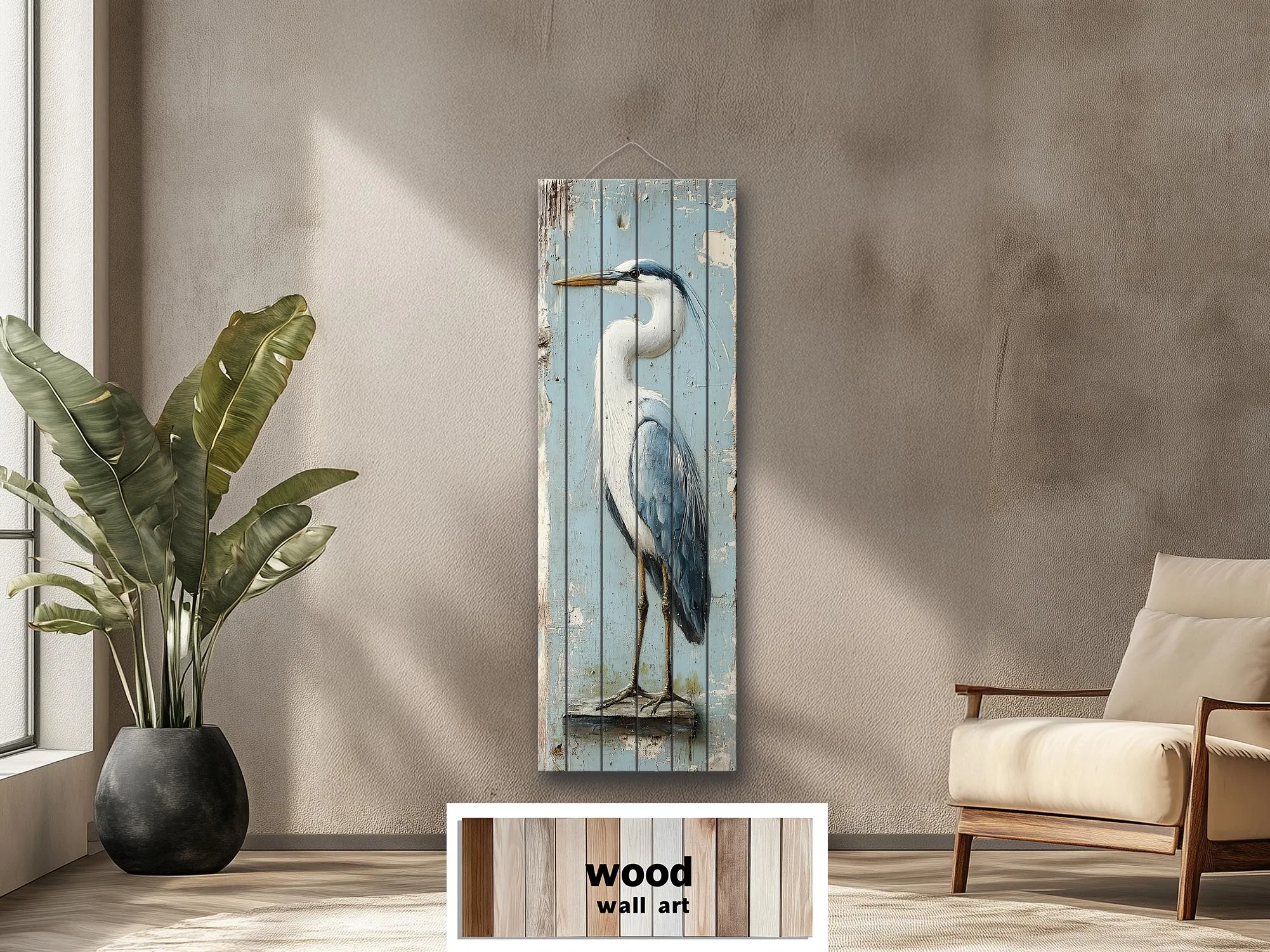Tall Narrow Blue Heron Real Wood Wall Art